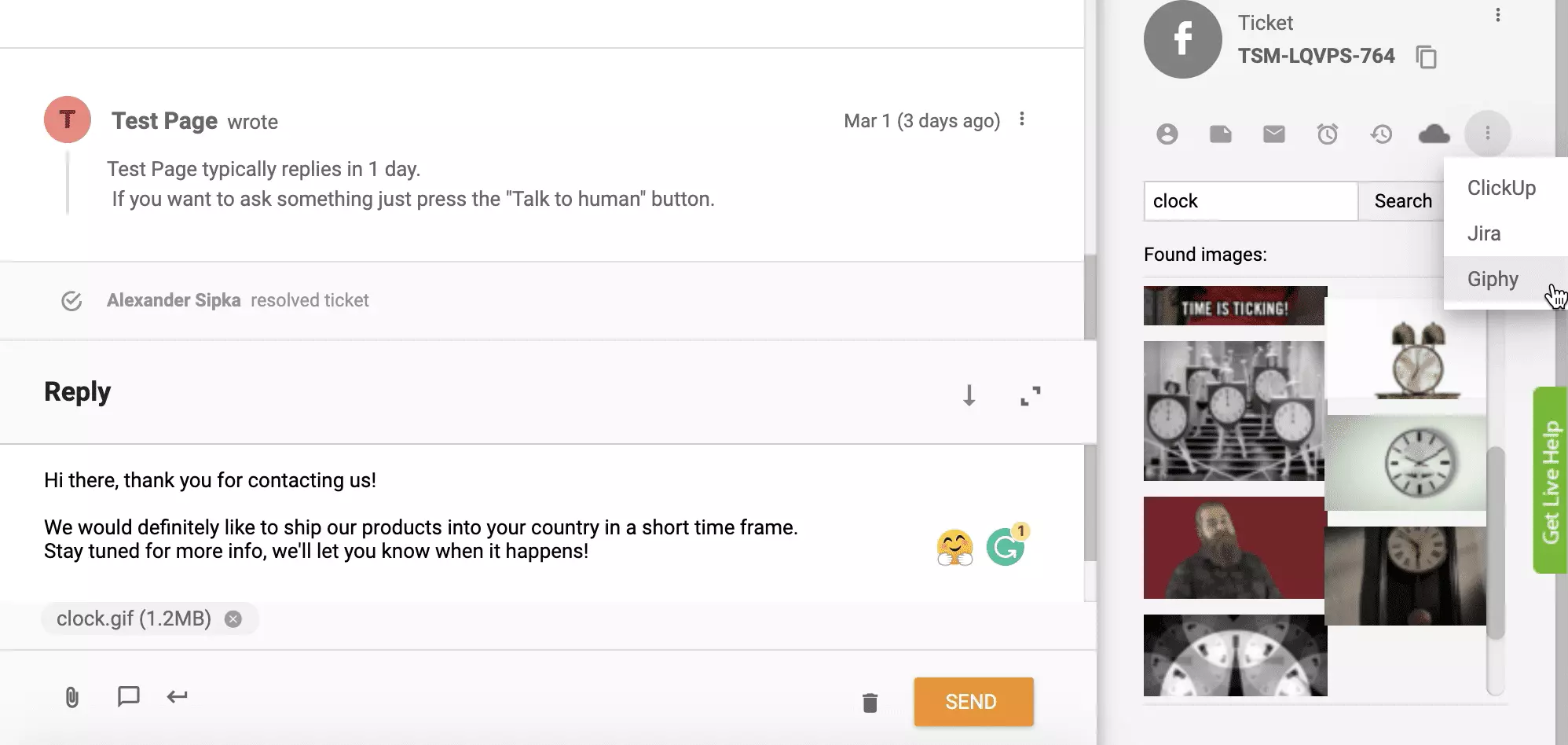 Giphy integration na naka-activate at gumagana sa LiveAgent ticketing system