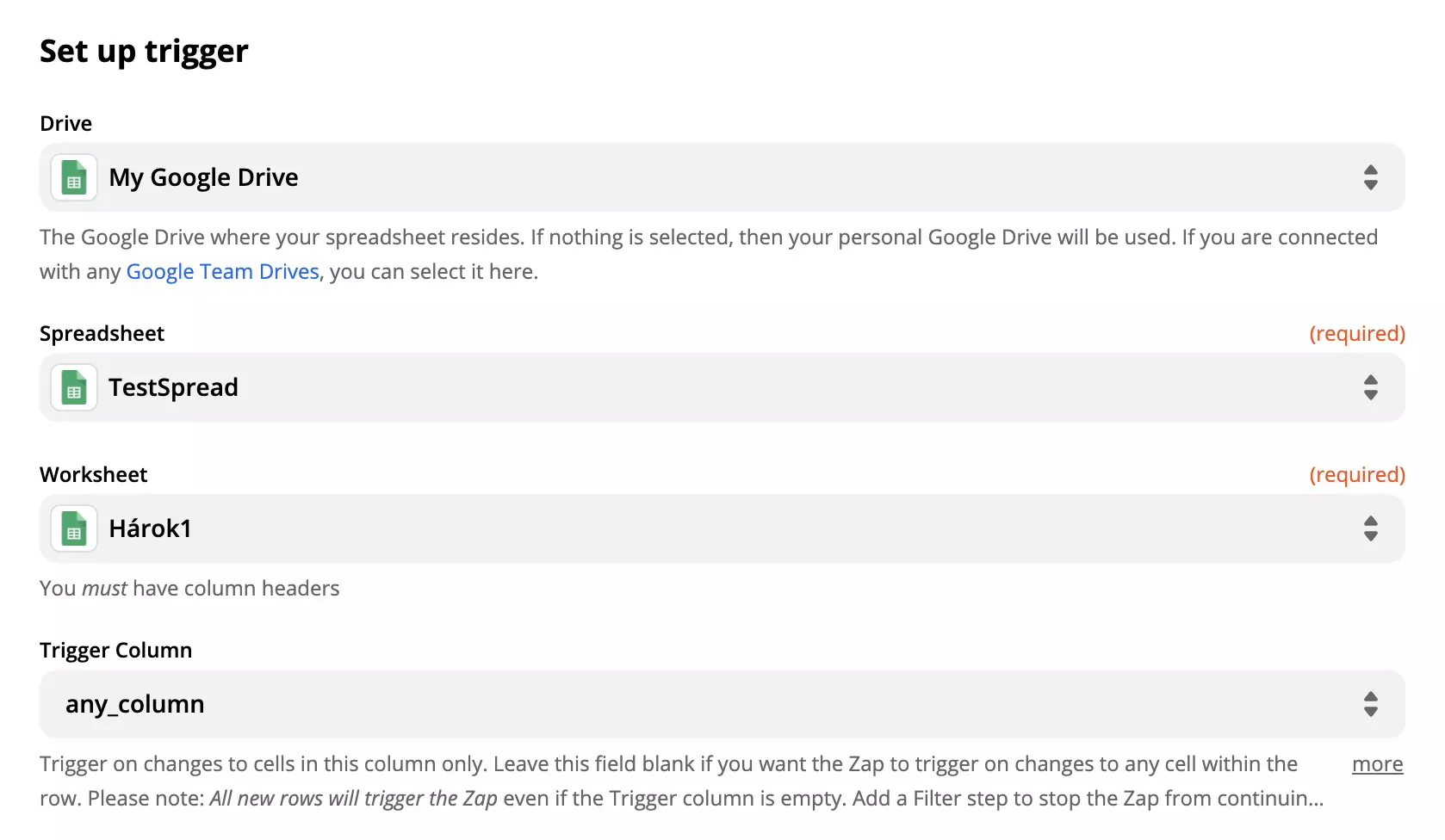 Google Sheets trigger setup options at fields