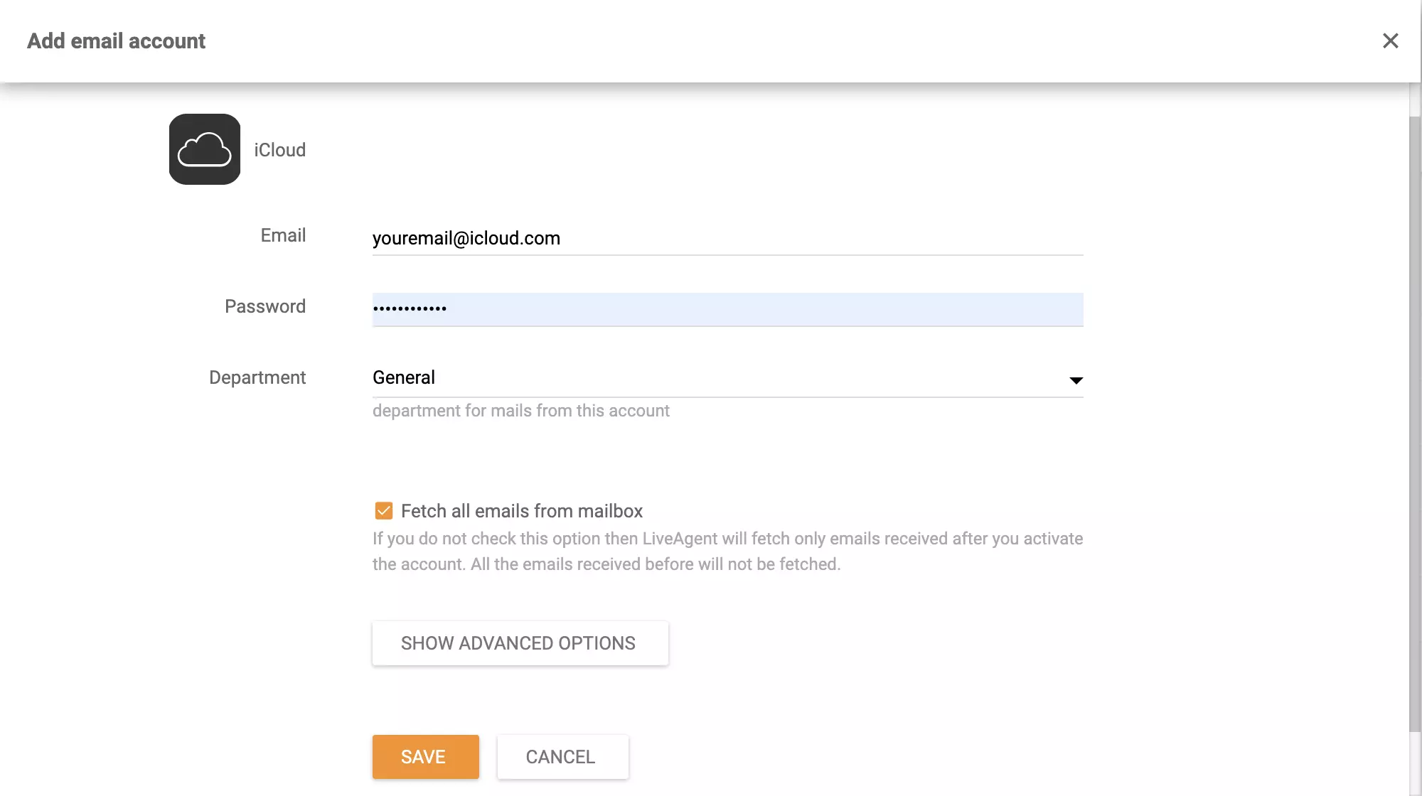 iCloud email address setup in LiveAgent