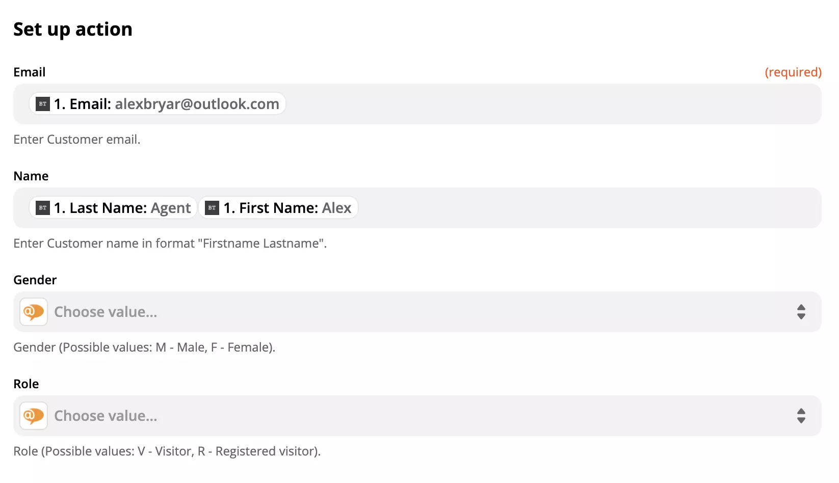 LiveAgent action configuration na may data sa mga field sa Zapier