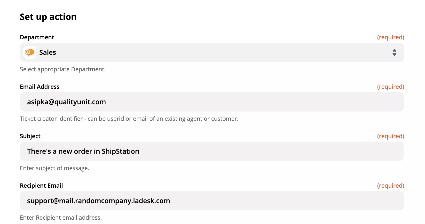 LiveAgent action configuration