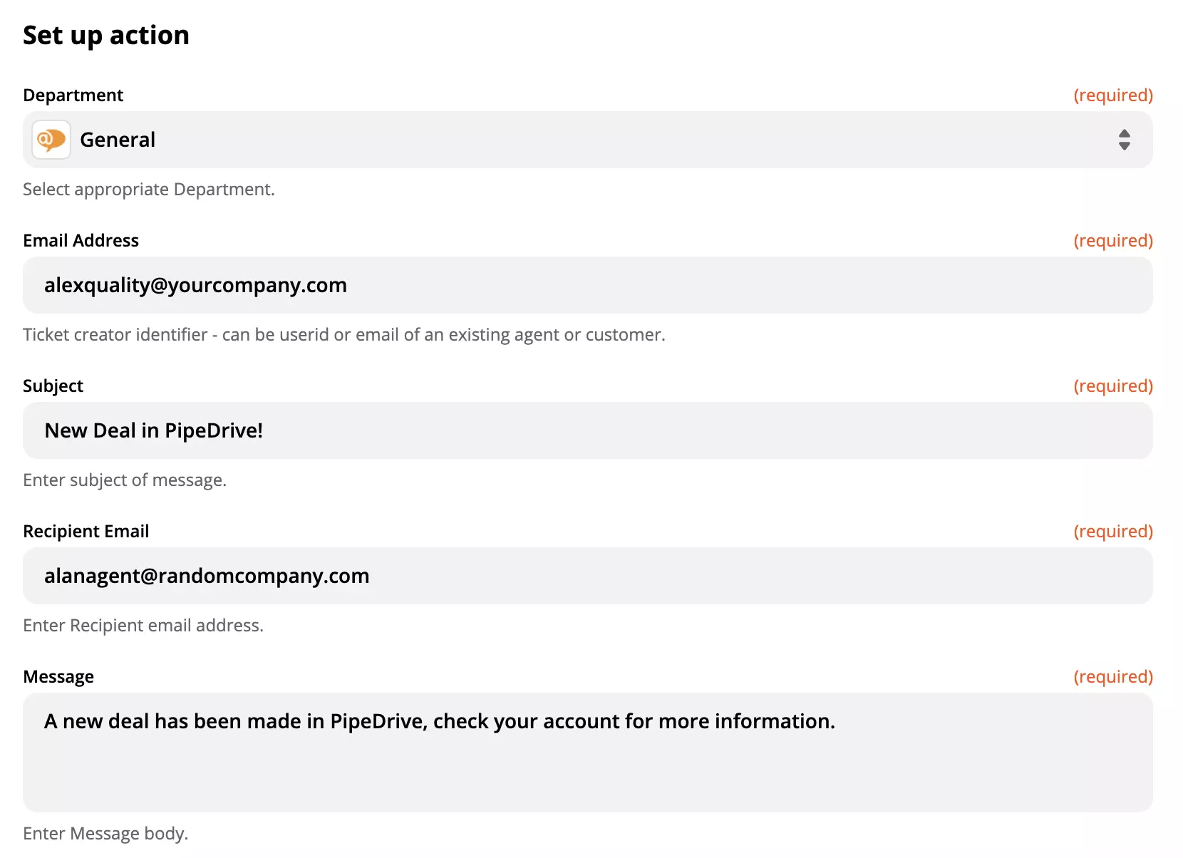 LiveAgent action setup sa integration process kasama ang PipeDrive sa Zapier