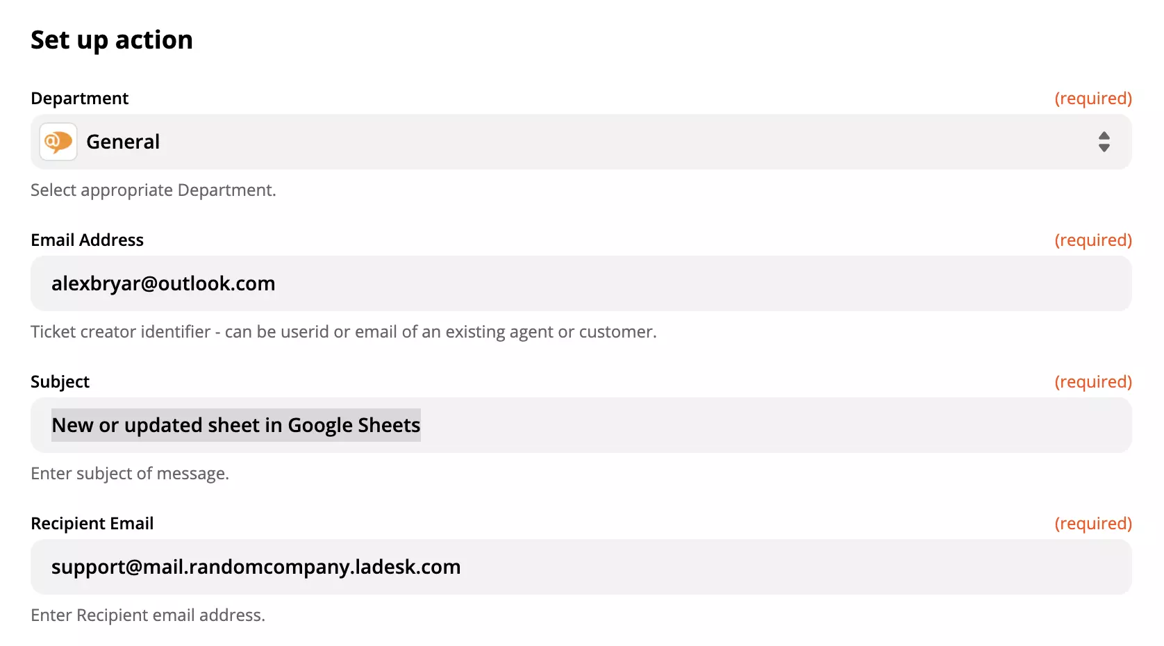 LiveAgent action setup sa Google Sheets integration