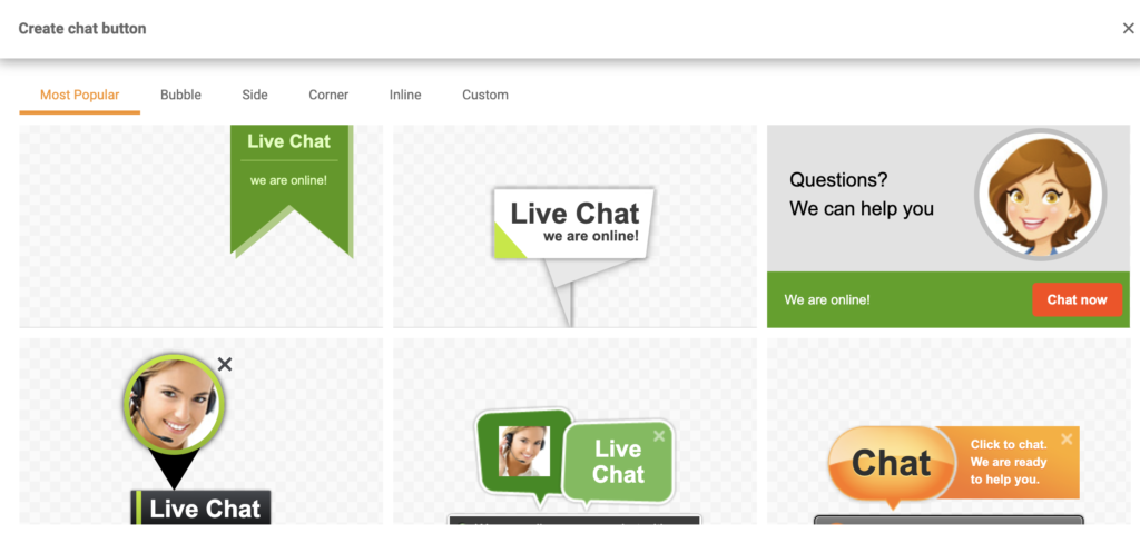Selection of chat buttons in LiveAgent's chat button gallery