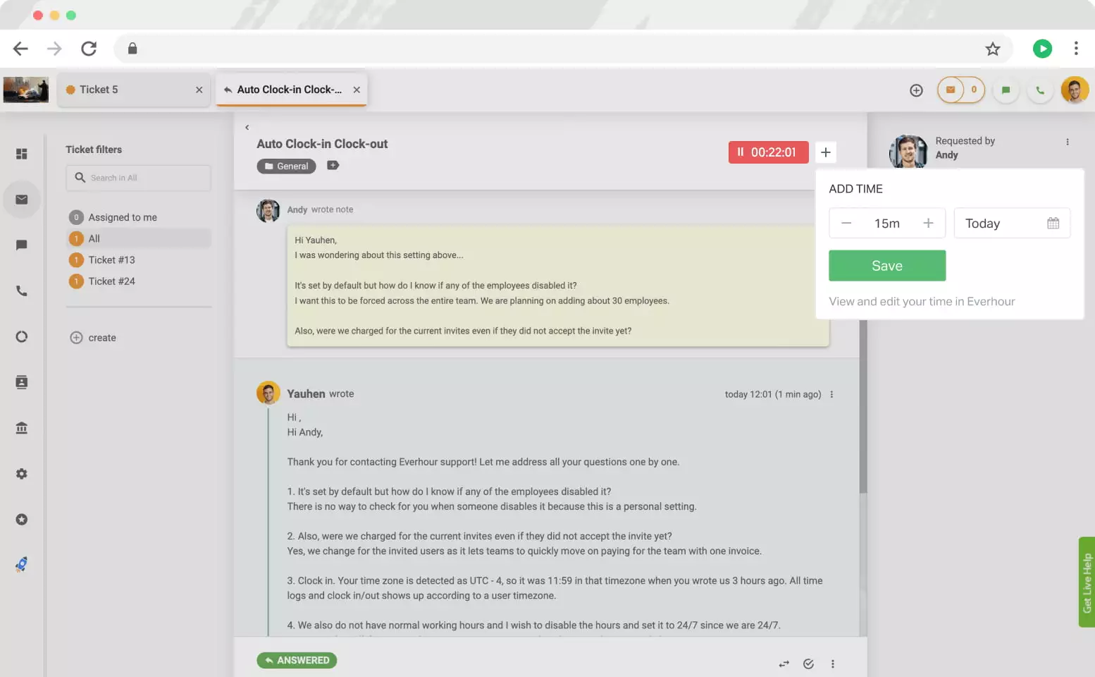 Everhour controls sa LiveAgent