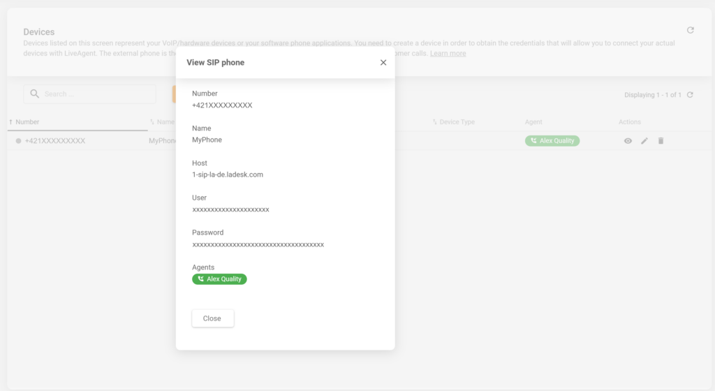 Mga detalye ng bagong ginawang SIP phone sa LiveAgent configuration