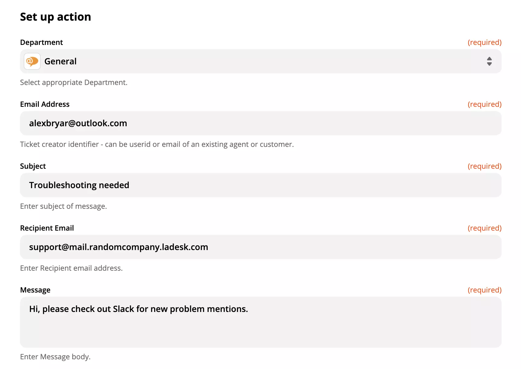 Napunan na LiveAgent action configuration