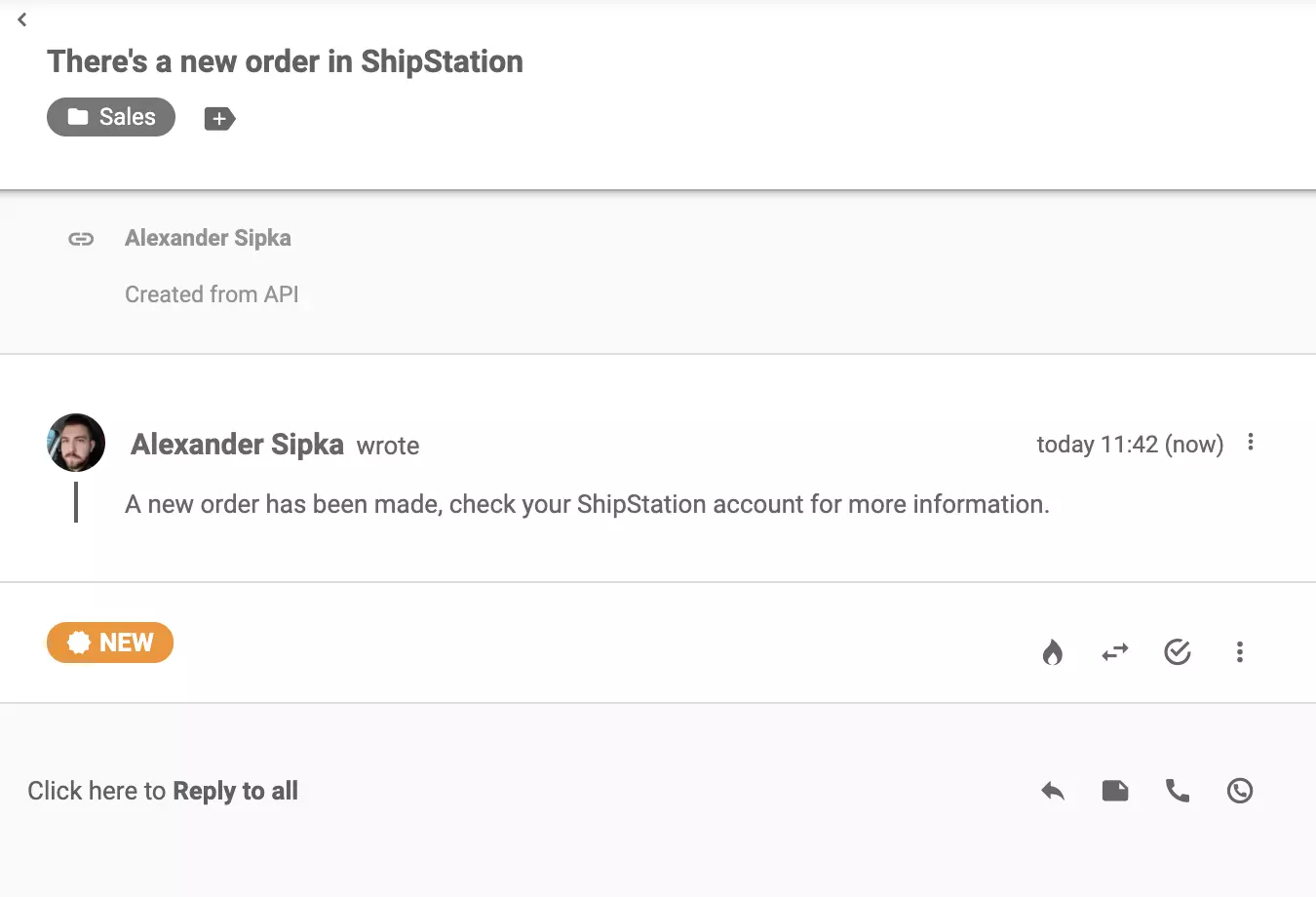 ShipStation message na ipinadala pagkatapos ng isang bagong order na ginawa