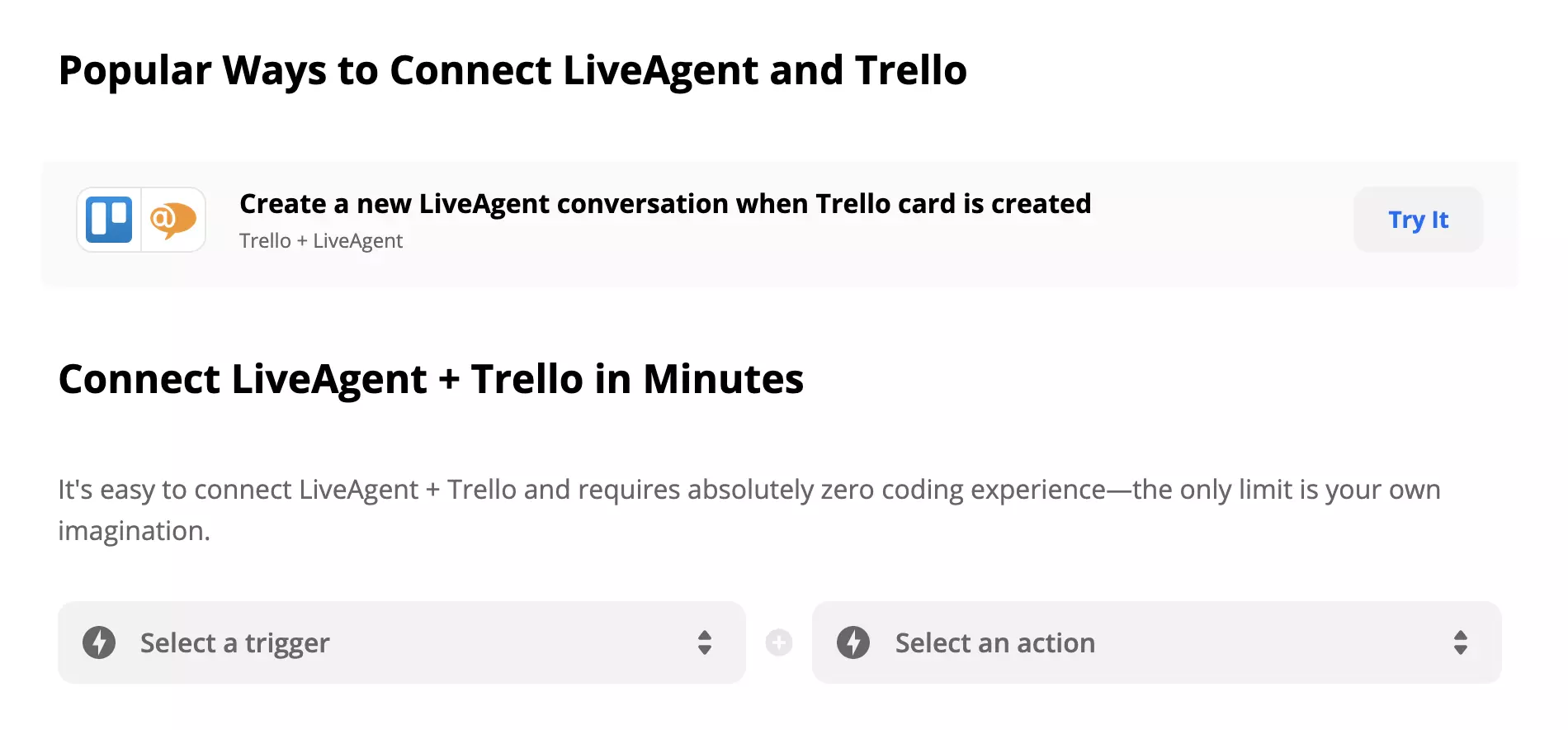 LiveAgent at Trello integration sa Zapier na may Trigger at Action selection