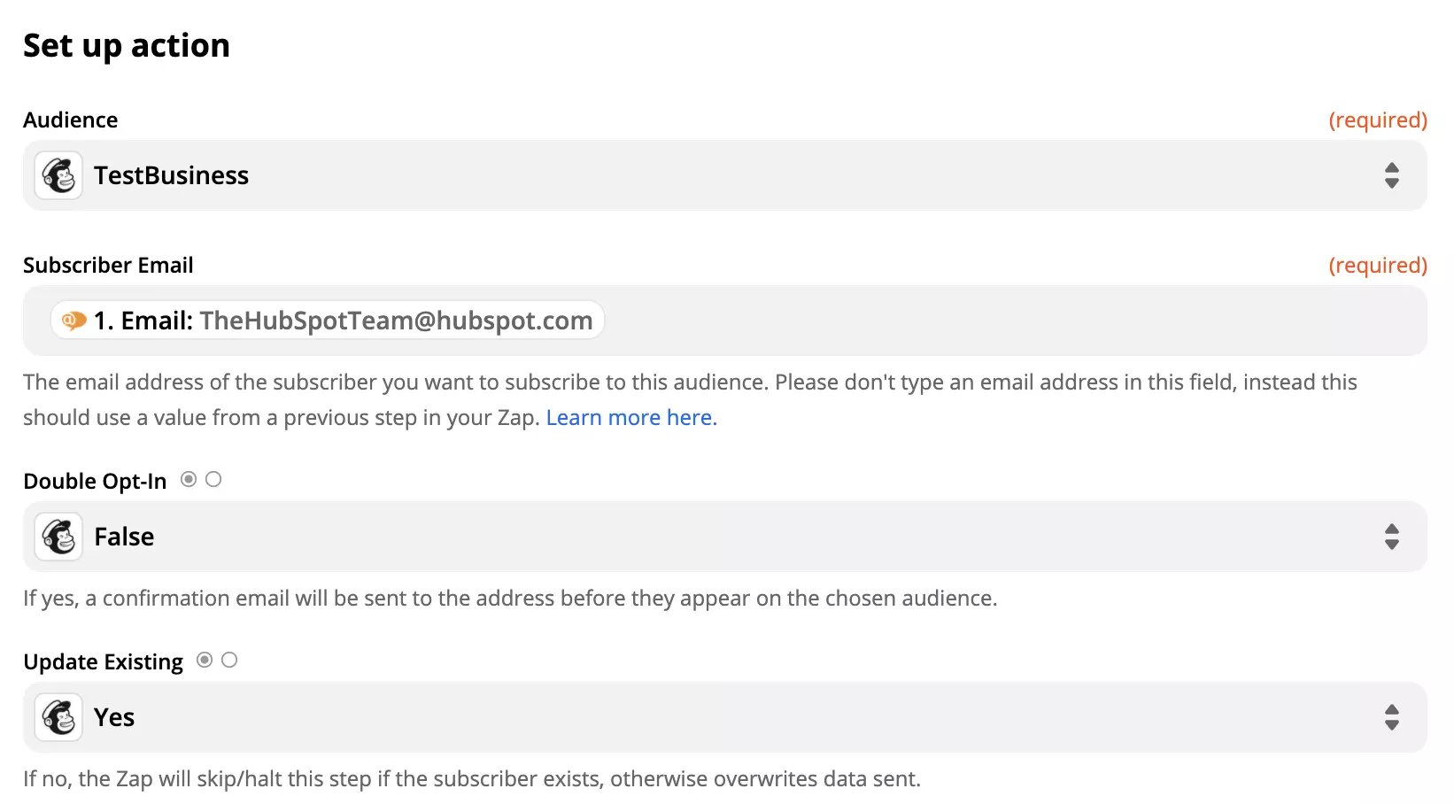 Mailchimp action setup