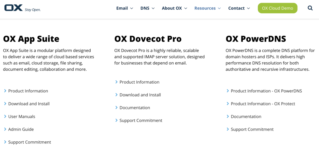 Open-Xchange website with download options and guides