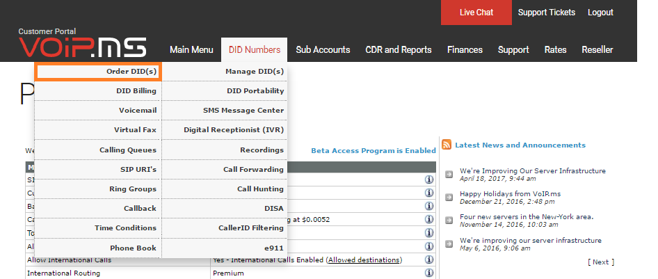 Seksyon ng DID numbers sa VoIP.ms