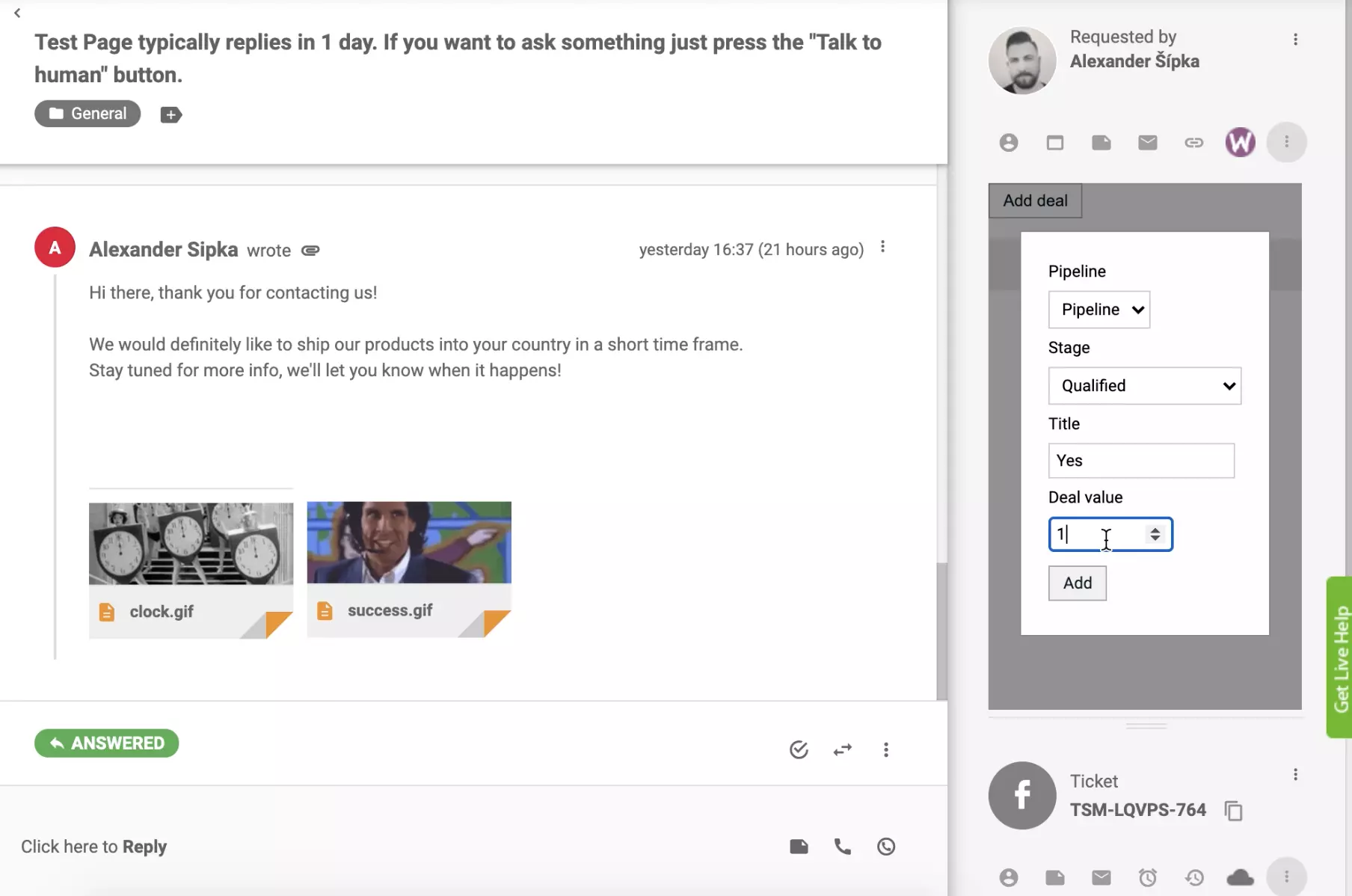 Magdagdag ng deal gamit ang PipeDrive CRM integration sa LiveAgent ticket view
