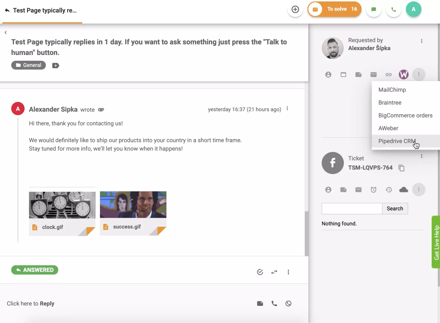 Ang PipeDrive CRM ay active sa LiveAgent ticket view