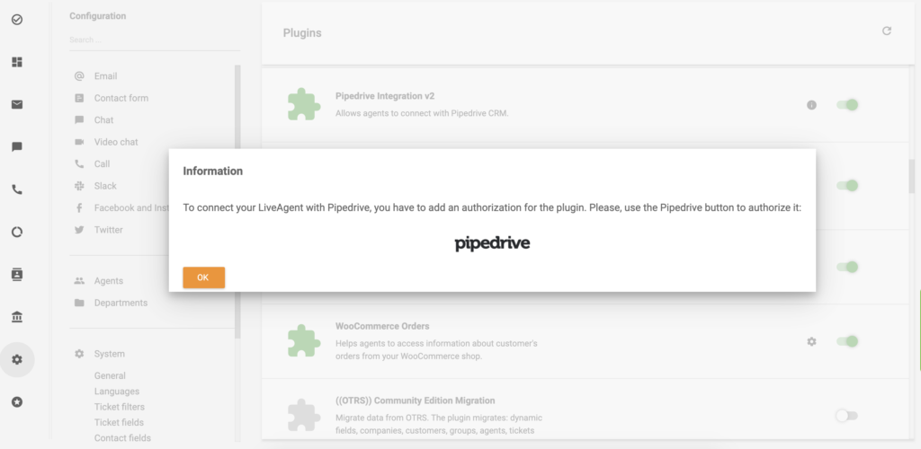 I-click ang PipeDrive logo upang magpatuloy sa PipeDrive integration para sa LiveAgent