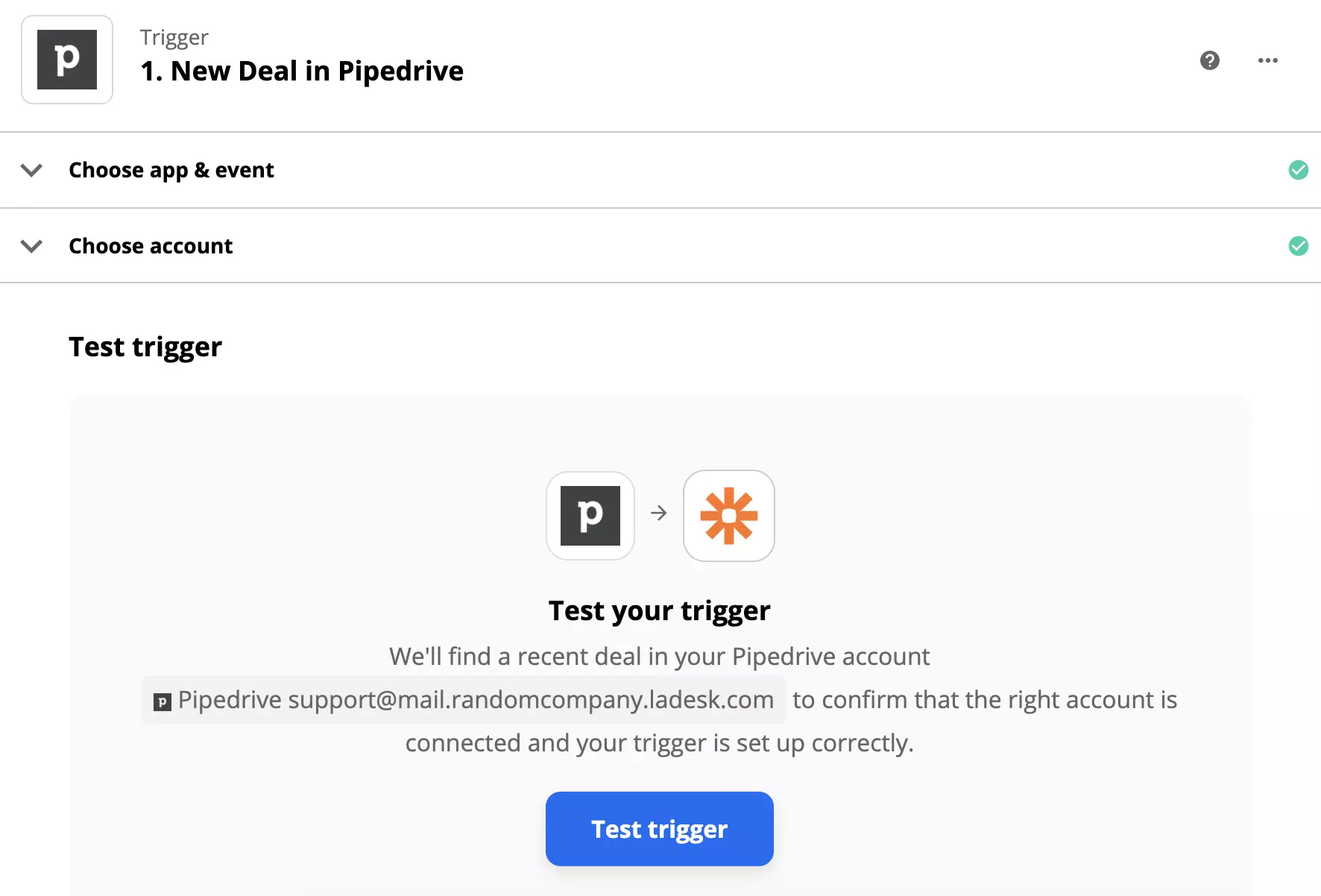 PipeDrive trigger test pagkatapos ng setup ng trigger sa Zapier