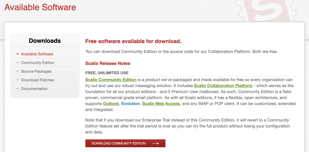 Scalix website na may mga available na download at impormasyon tungkol sa edisyon