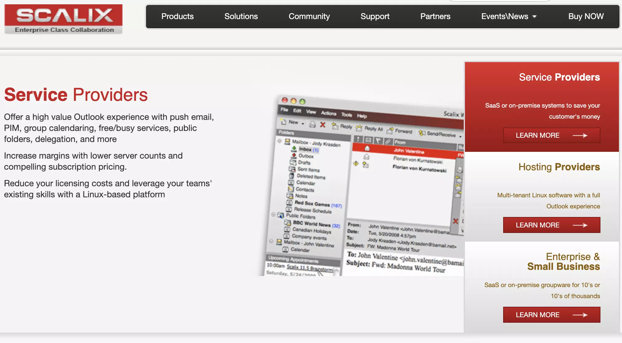 Scalix homepage na may listahan ng features at impormasyon