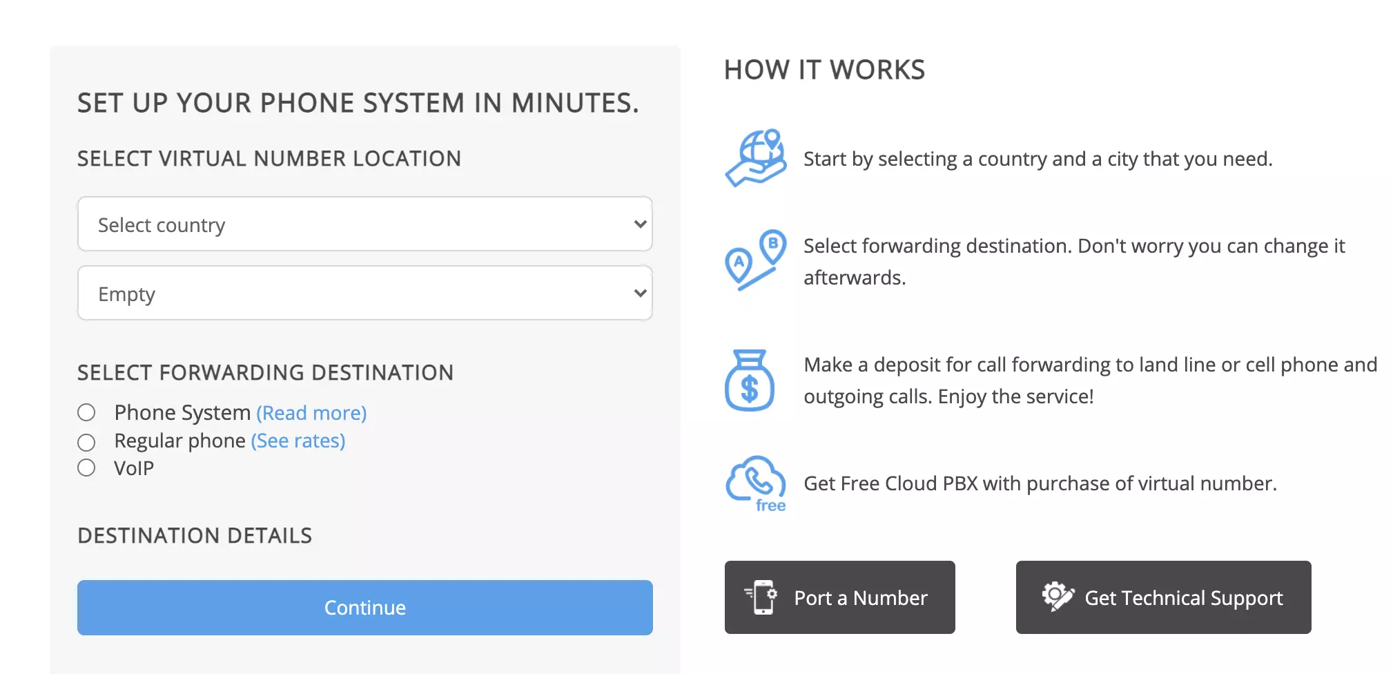 SendMyCall number selection with area and country options