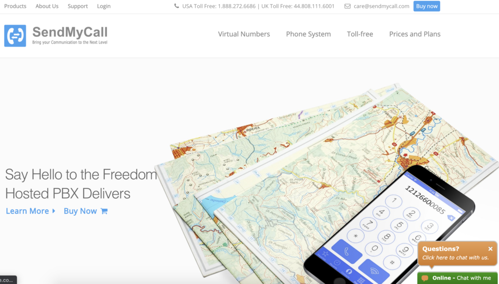 SendMyCall homepage with Buy now button at the top right corner