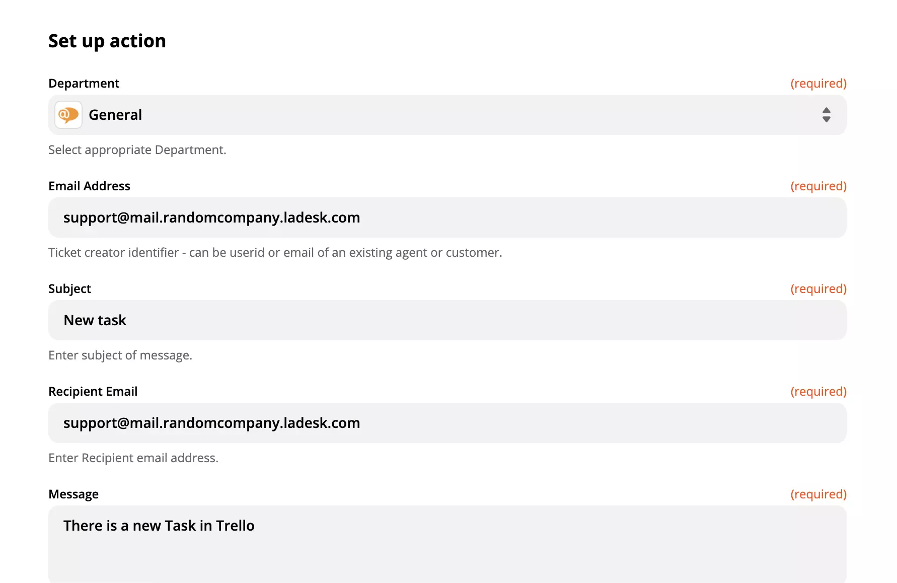Mga opsyon sa pag-customize ng LiveAgent's Create Conversation action