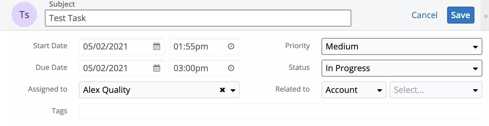 Bagong Task na ginawa sa SugarCRM
