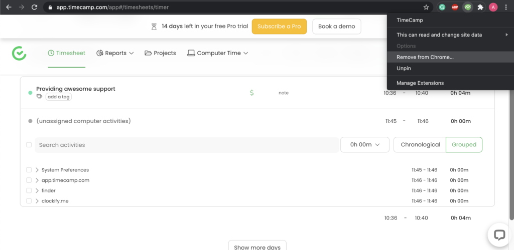 Timecamp plugin options sa Google Chrome
