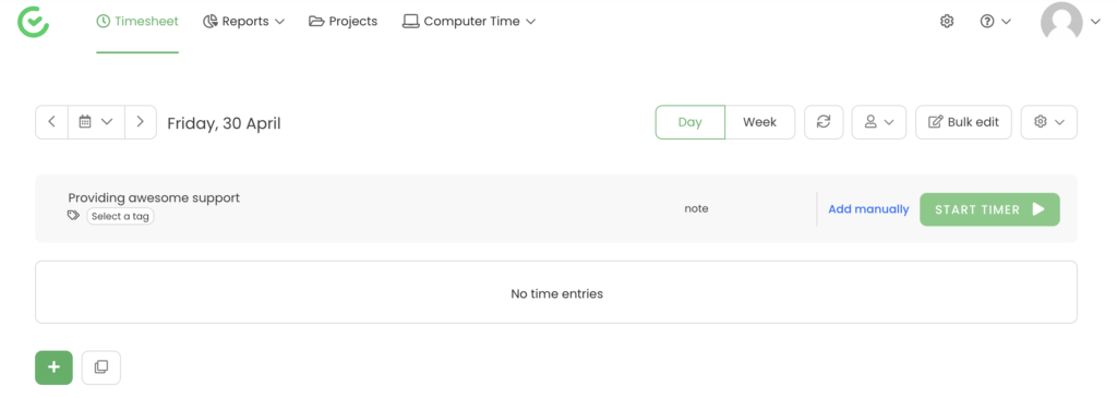 TimeCamp project selection na may start timer