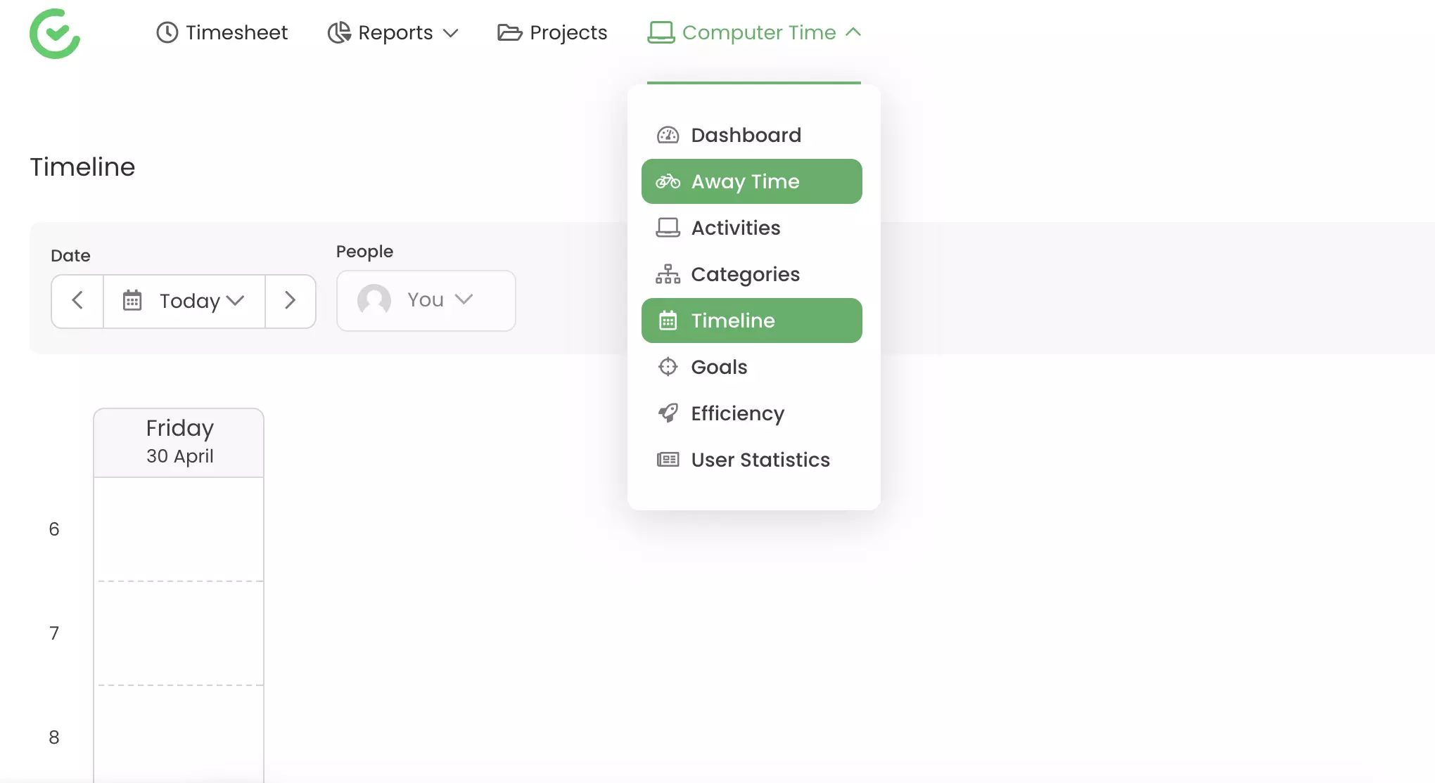 Tracking capabilities tulad ng away time at timeline na makikita sa TimeCamp