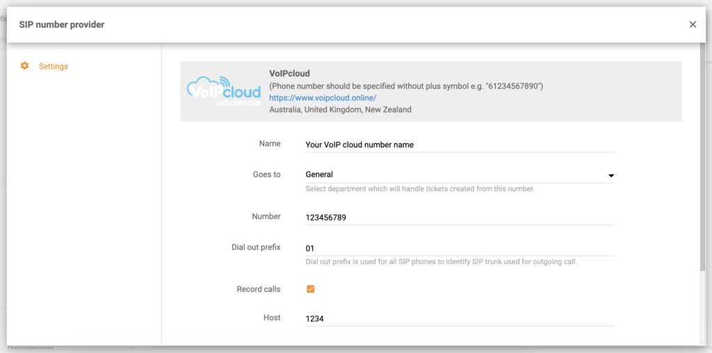 VoIPcloud call number details sa LiveAgent configuration