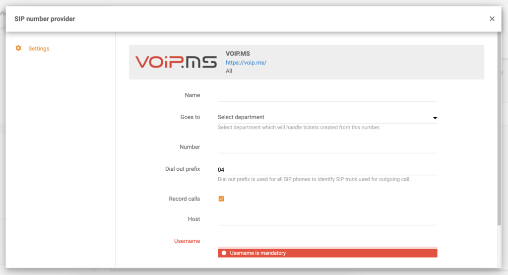Konfigurasyon ng VoIP.ms sa LiveAgent call settings
