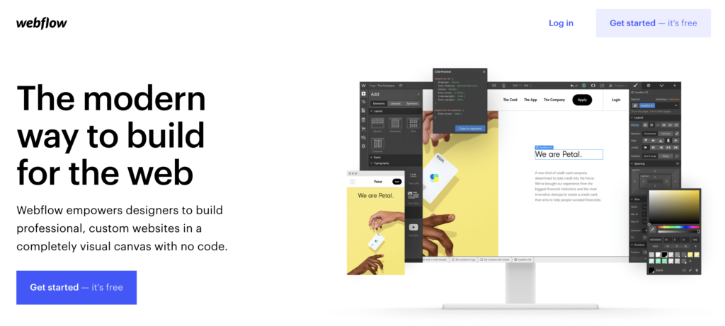 Webflow homepage na may trial option sa tuktok na kanan
