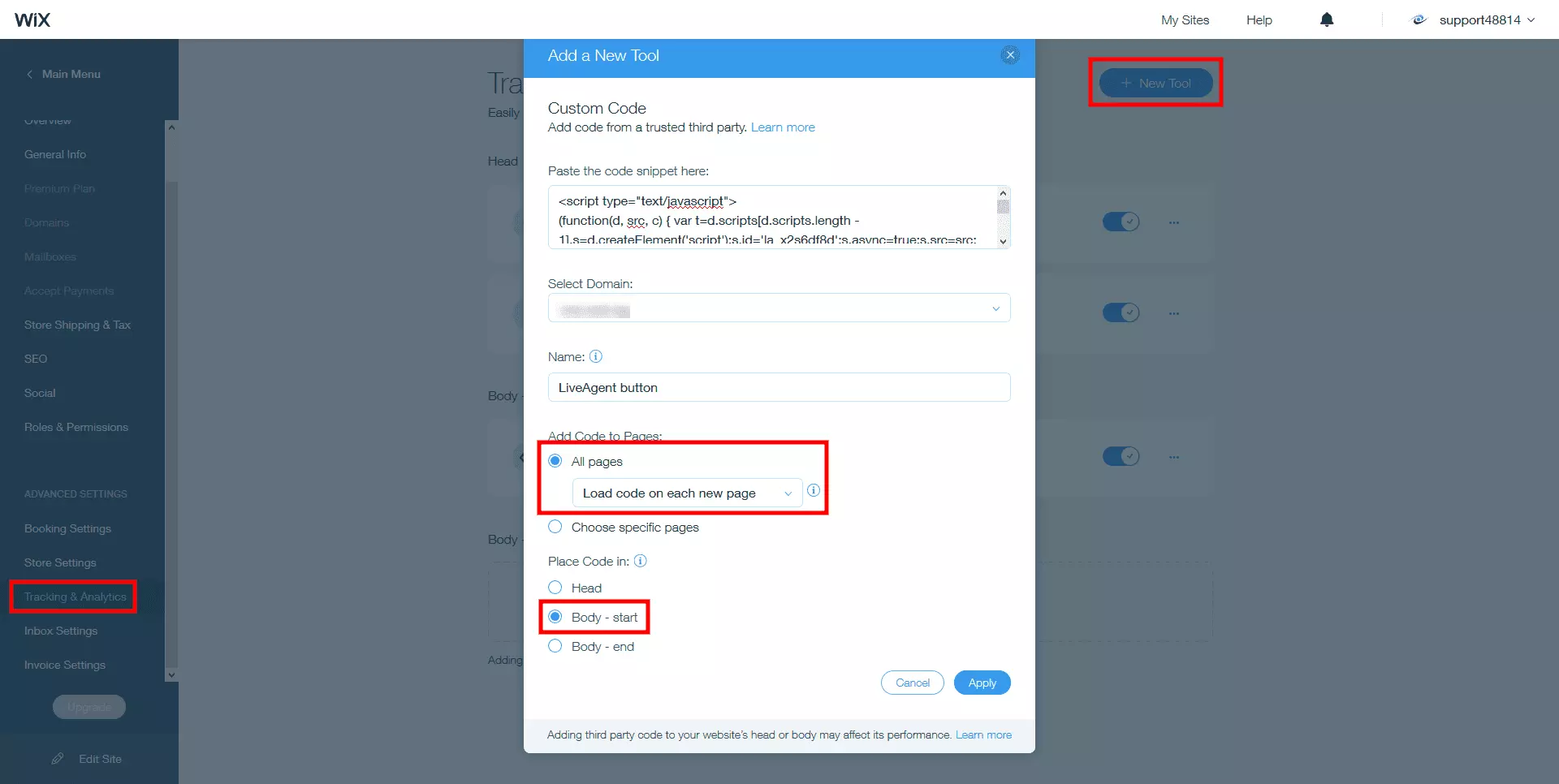 Ilagay ang LiveAgent live chat code sa Wix site body