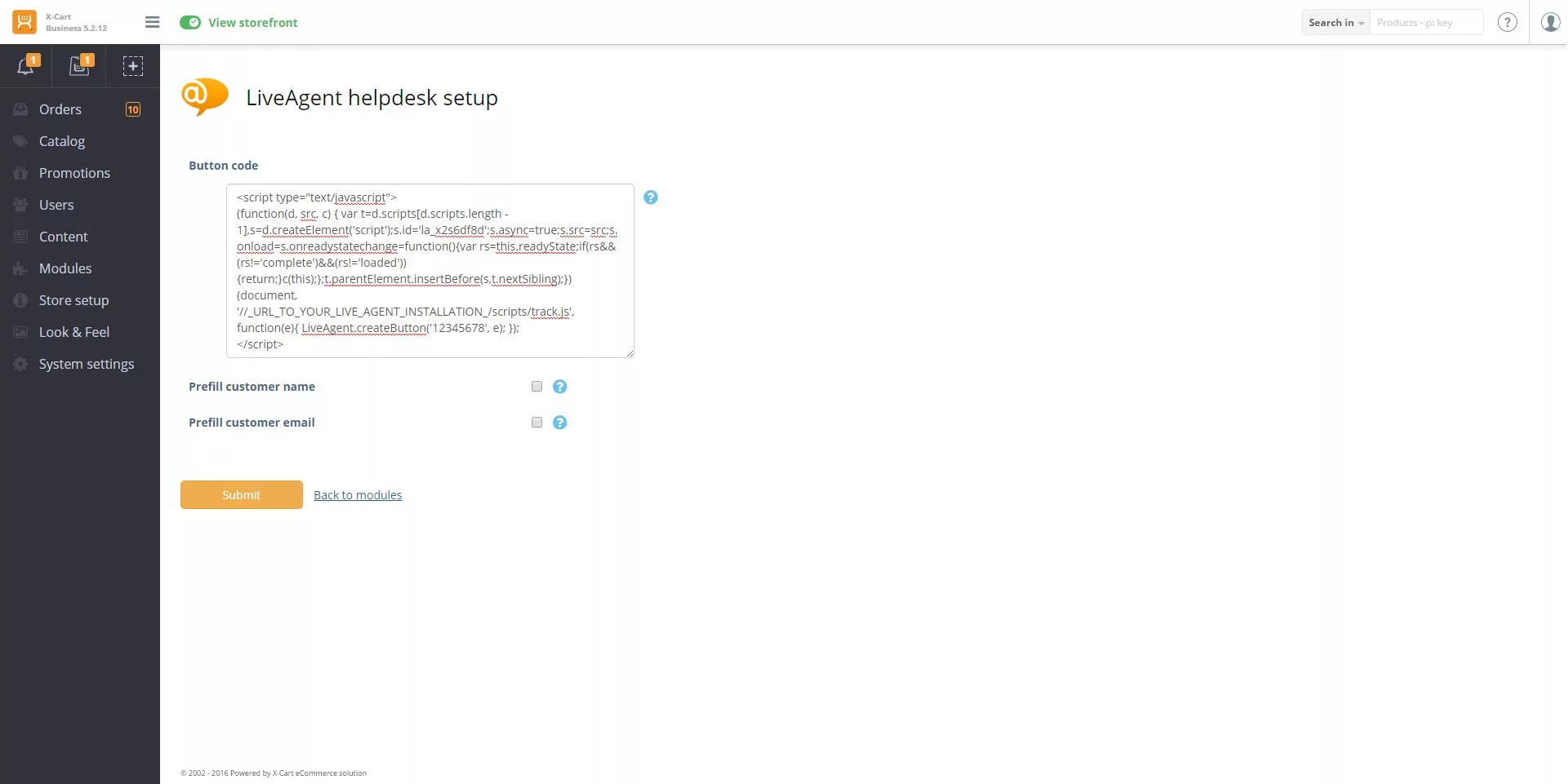 X-Cart LiveAgent integration code configuration