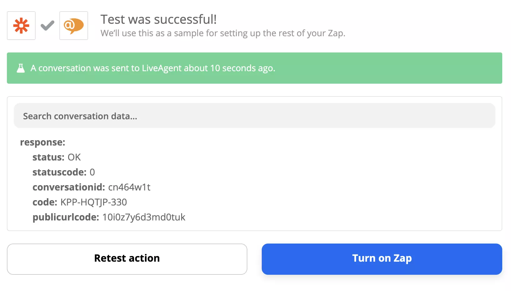 Isang matagumpay na test ng Xero at LiveAgent integration sa Zapier