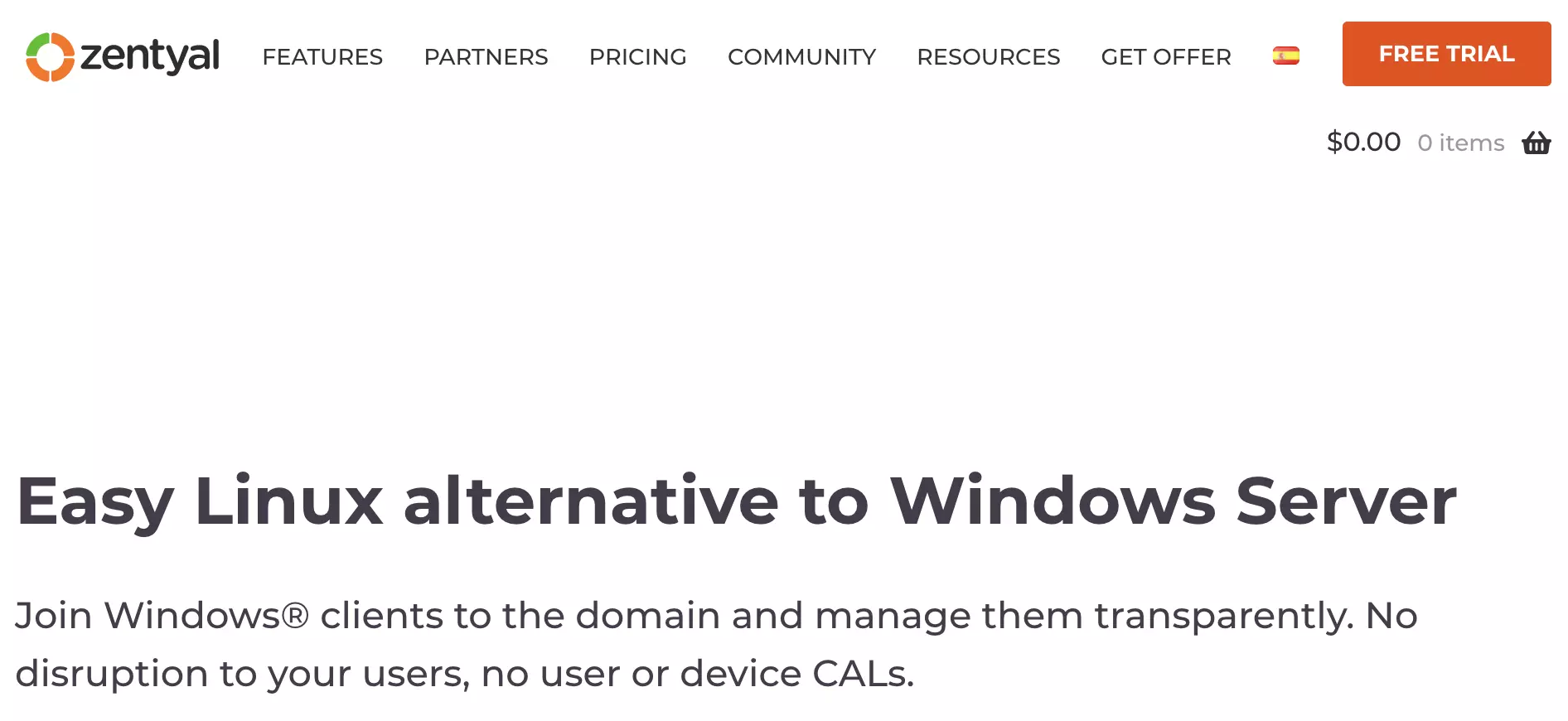 Zentyal homepage na may subpages at impormasyon