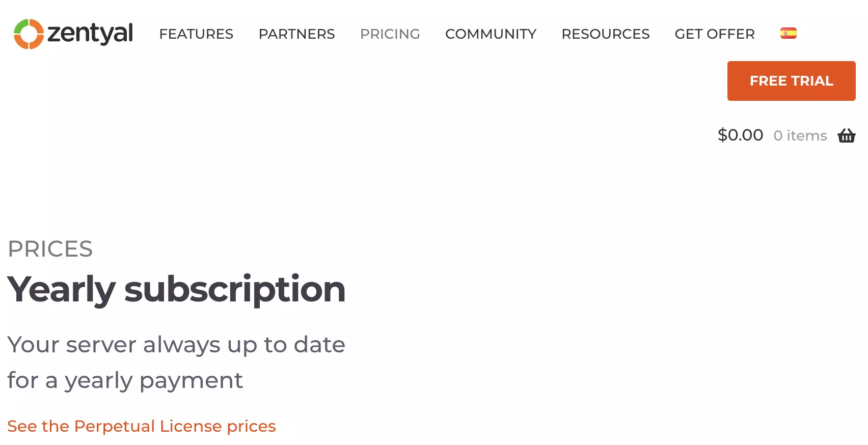 Zentyal paid plans section sa Zentyal website