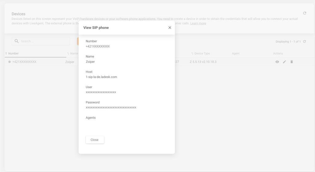 A picture showing where to find SIP device details in LiveAgent