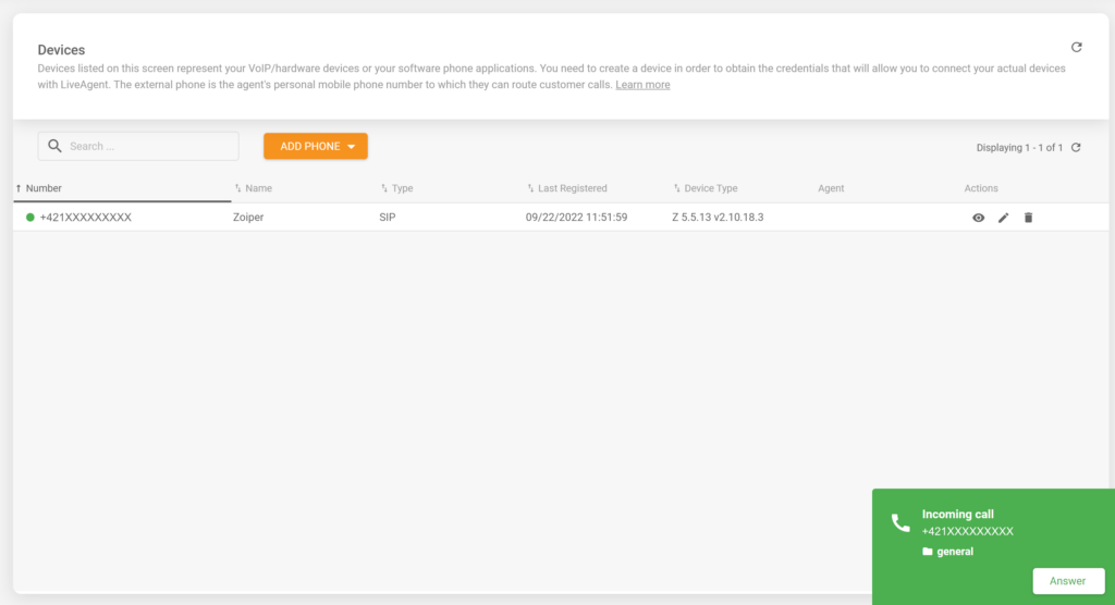 A picture showing an incoming call in a successfully integrated Zoiper softphone with LiveAgent help desk software