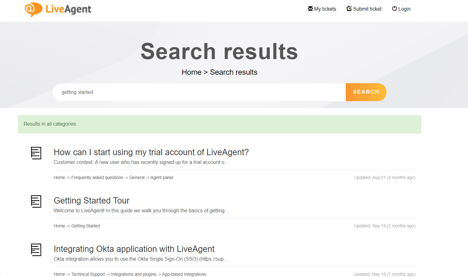 Knowledge base ng LiveAgent na may iba't ibang user guide