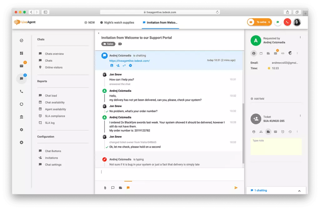 Overview ng live chat interface sa LiveAgent.