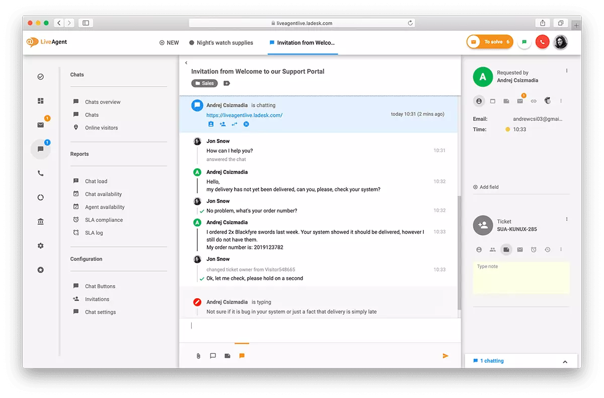 Overview ng live chat interface sa LiveAgent.