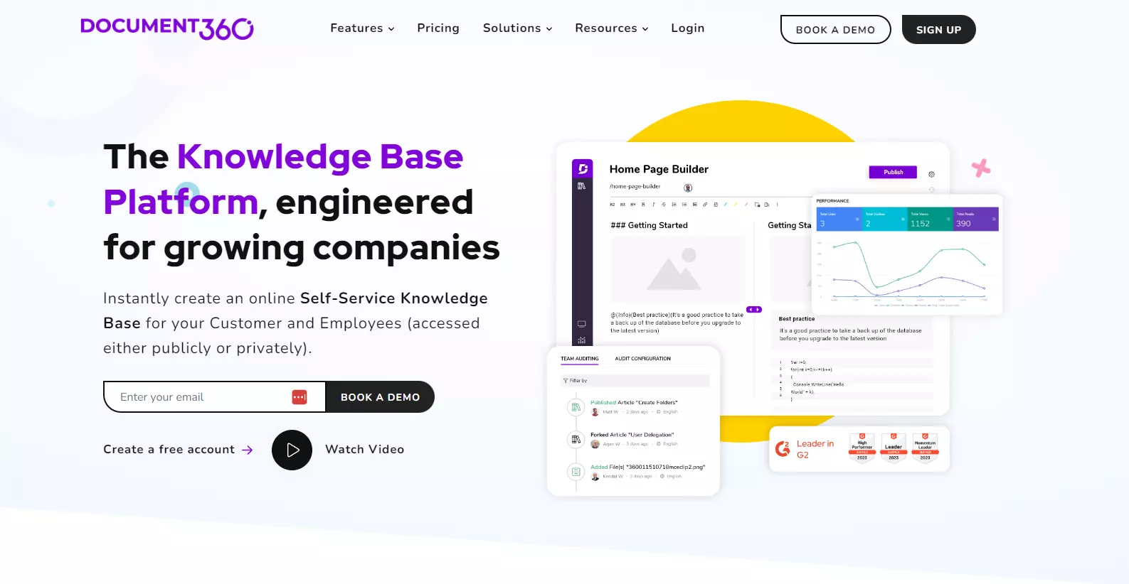 Snapshot of Document360 homepage focusing on key features