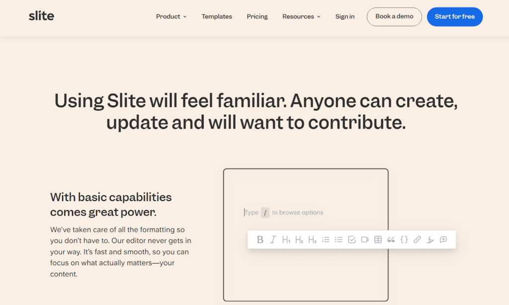 Slite knowledge base homepage