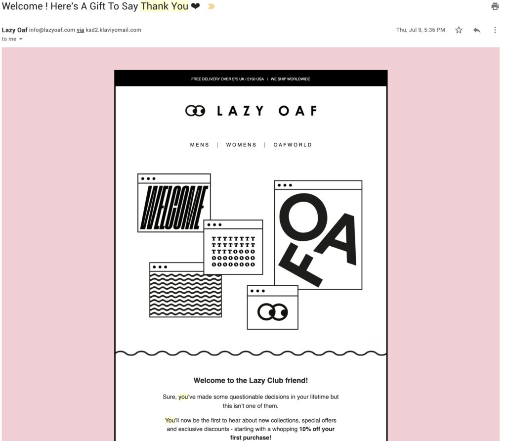 Lazy Oaf customer appreciation email template