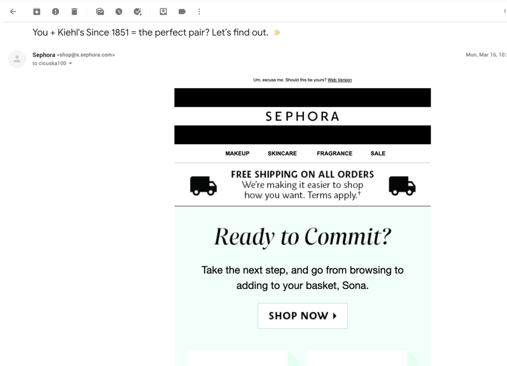 Shopping cart abandonment email example ng Sephora