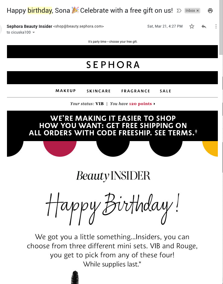 Loyalty reward email template Sephora