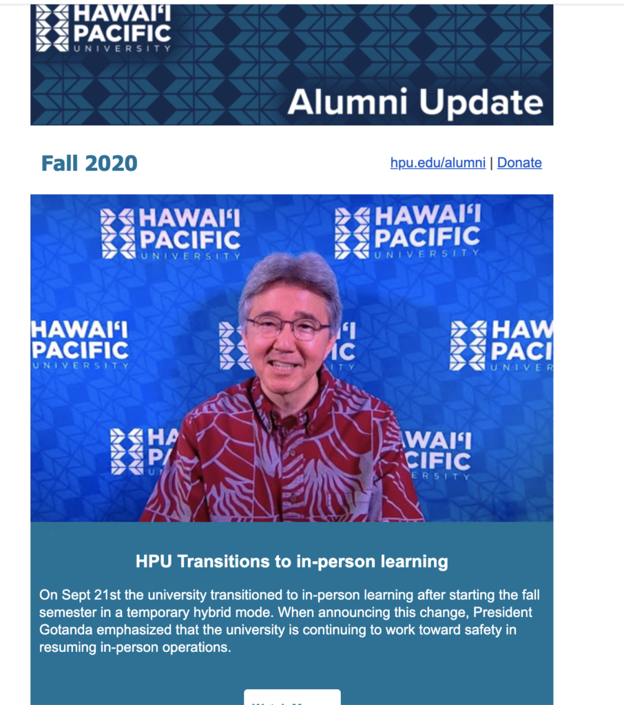 Halimbawa ng pang-impormasyon na email ng Hawaii Pacific University