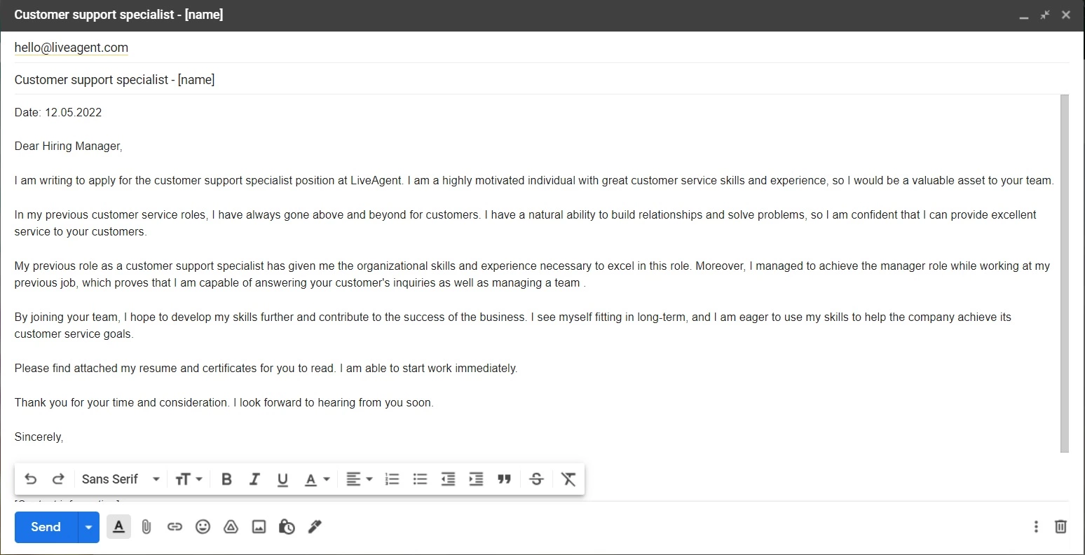 Customer support specialist sa LiveAgent - cover letter - halimbawa