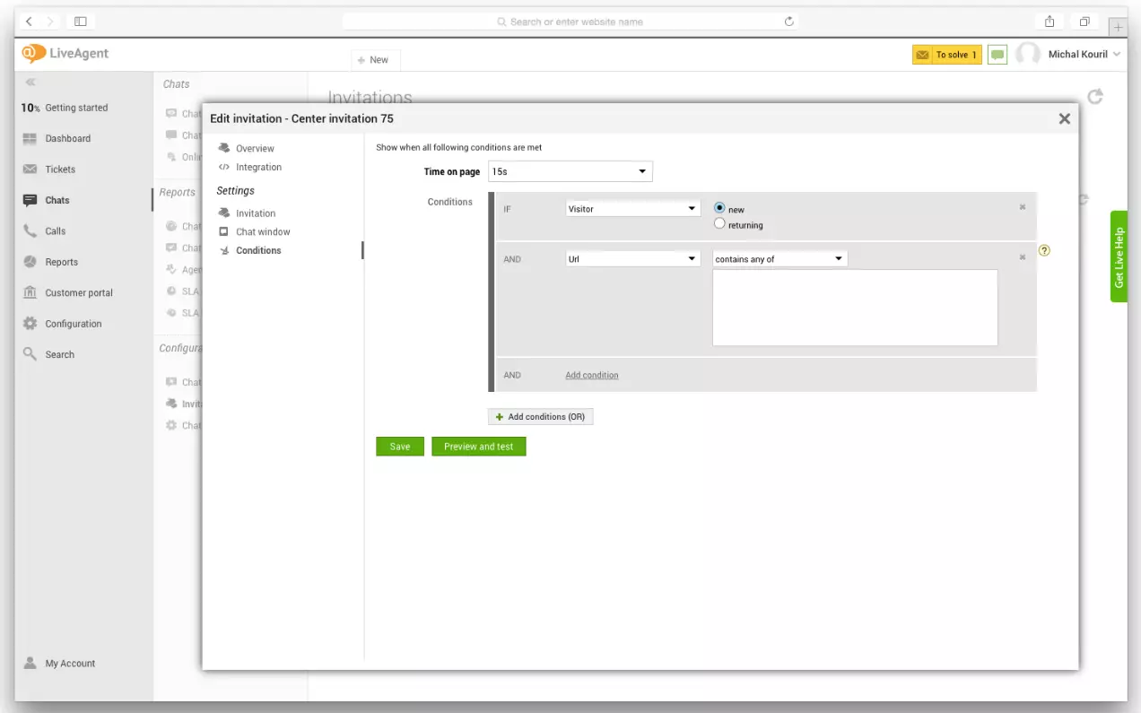 Ang LiveAgent settings na nagpapakita kung paano mag-set up ng mga proactive chat triggers
